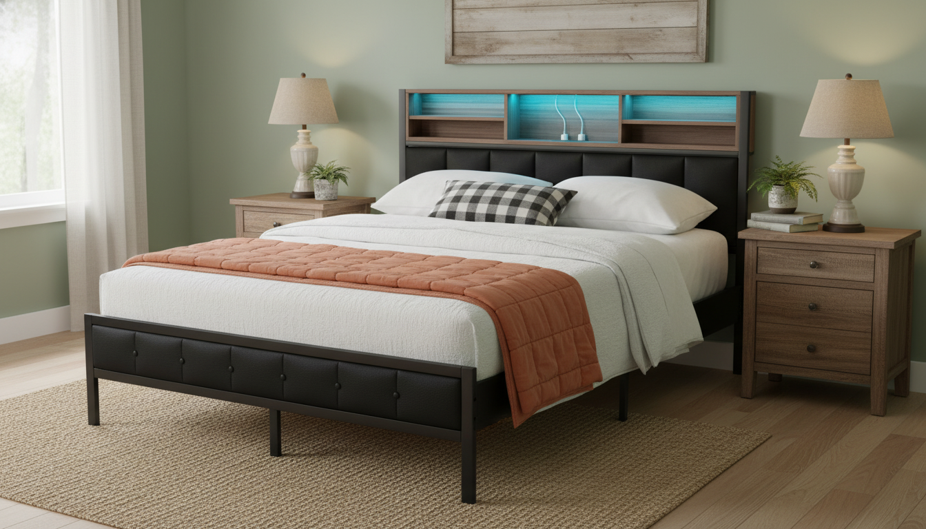 Farmhouse Metal Bed Frame: LED Headboard + Charging