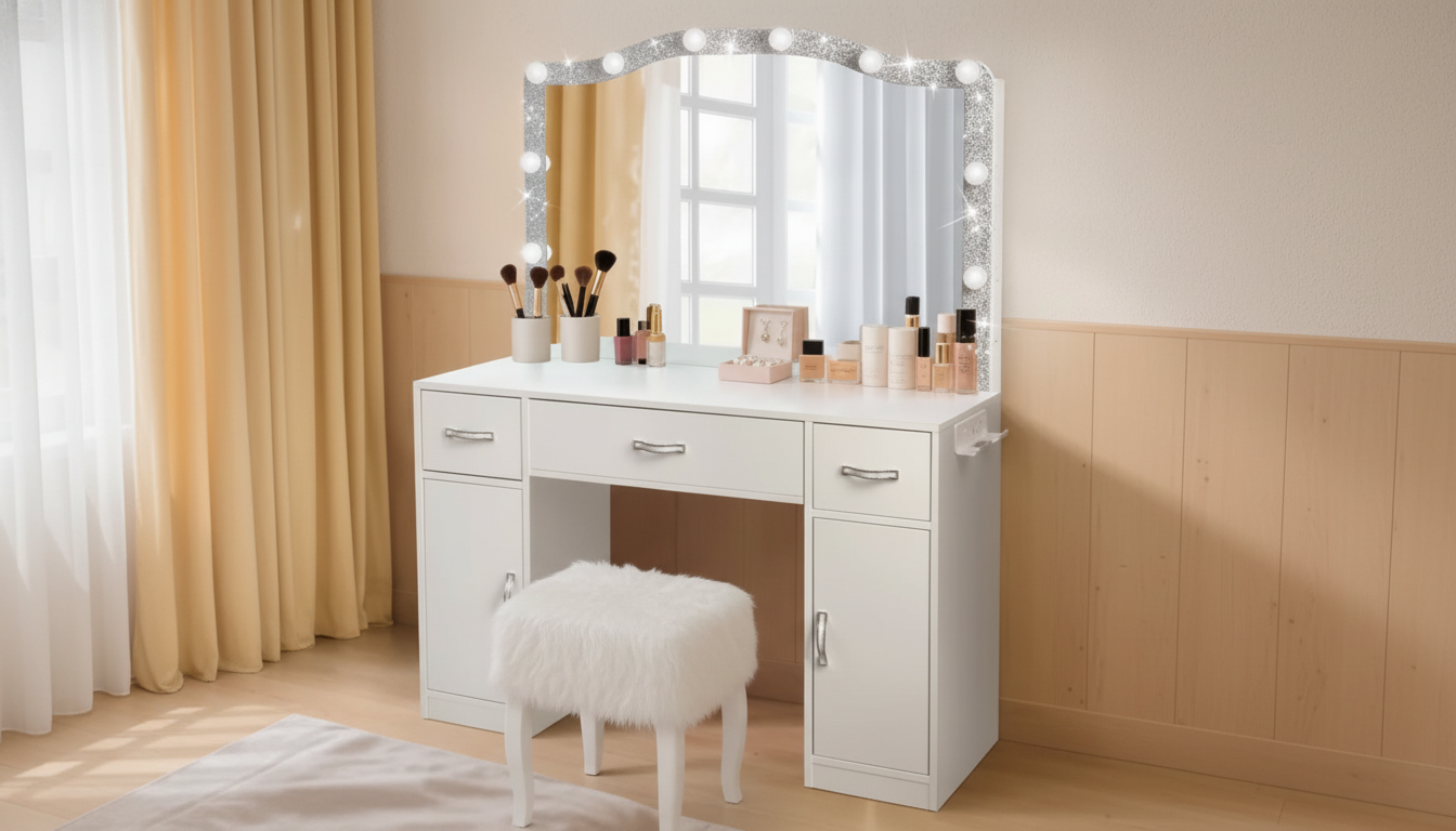 Glam Vanity Desk: 38" Lighted Mirror, Outlet & Sparkle